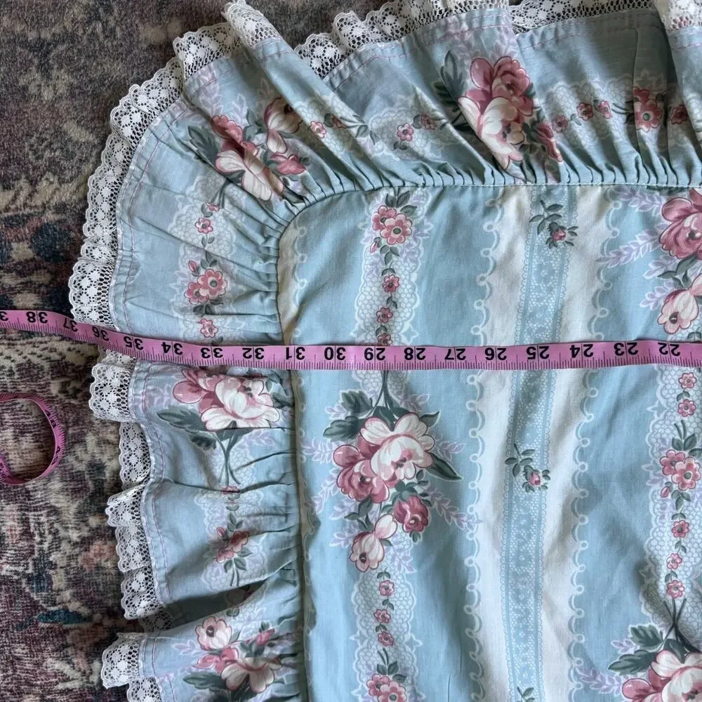 VTG Croscill Queen Comforter Skirt Shabby Chic Blue Floral QUILTED Lace Cottage
